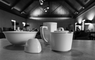Porcelain Cutlery at a restaurant black & white