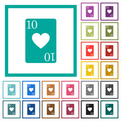 Ten of hearts card flat color icons with quadrant frames