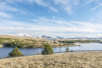 nature landscape with snow mountain top and lake water