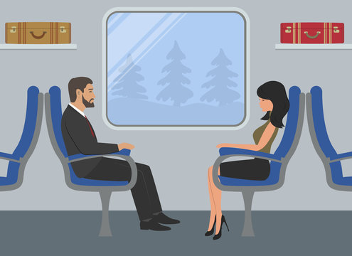 Passengers in the train car. Young woman and a man are sitting in blue armchairs and looking out the window. There are also suitcases on the shelves in the picture. Vector illustration.