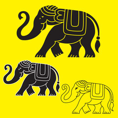 Ethnic illustrations of elephant: black fill, black with white outlines, black outlines only. T-shirt print.