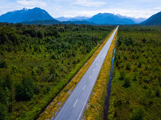 Aerial view of the asphalt road. Carretera Austral near the town of Chaiten, Chile