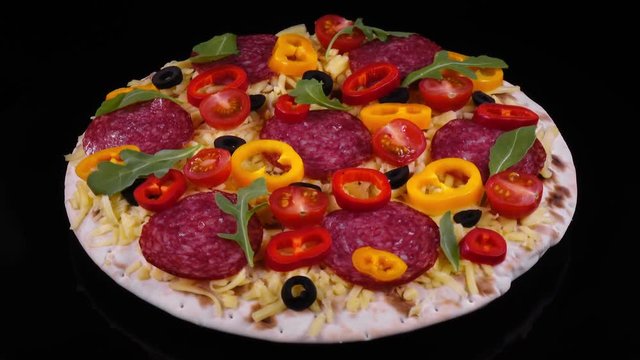 Tasty homemade pizza rotating against black background in 4K
