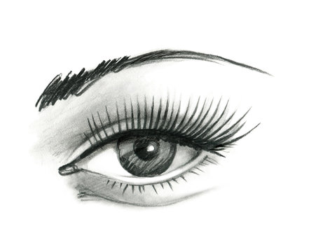 Mysteriously beautiful woman's eye with delicately curved eyelashes and an eyebrow. Graphic drawing with slate pencil. Isolated on white background.