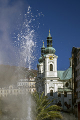 Thermal spring in Karlovy Vary in sunny autumn morning.  Czech Republic. Thermal spa famous for its...