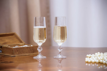 color image of chilled white wine in a glass , with copy space