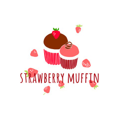 Berry muffin. Strawberry cupcake. Vector illustration of cafe menu, bakery. Hand drawn sweet dessert.