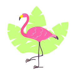 Cute cartoon pink flamingo and green tropical leaves isolated on white background. Vector illustration can be used for logo, posters, banners, t-shirt print, party invitaions