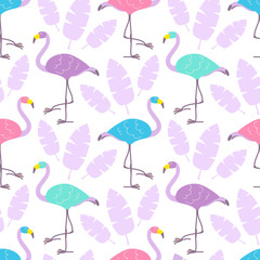Cute cartoon multicolor flamingos and pink tropical leaves isolated on white background. Vector seamless pattern can be used for posters, banners, t-shirt print, party invitaions, wrapping