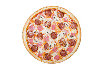 traditional Italian food: pizza with thinly sliced pepperoni and ham. Isolated on a white background.
- 190689114