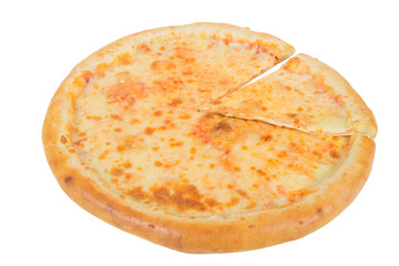 Pizza dough with cheese crust isolated on white background.