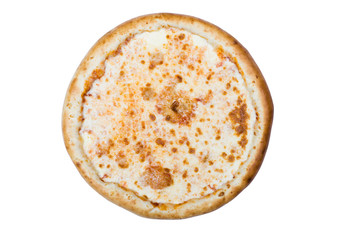 Pizza dough with cheese crust isolated on white background.
