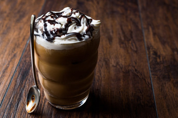 Iced Coffee Chocolate Frappe / Frappuccino with Whipped Cream, Chocolate Syrup and Spoon
