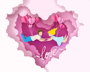 Valentines day card. Abstract background with couple in love flying, hearts balloons and blue sky. Vector illustration. Paper cut and craft style.