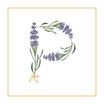 Letter P monogram. Retro sign alphabet with lavender flower initial