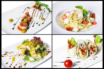 Set of four dishes with mozzarella and mascarpone: spring rolls, pasta spaghetti, salad and perch fish grill.