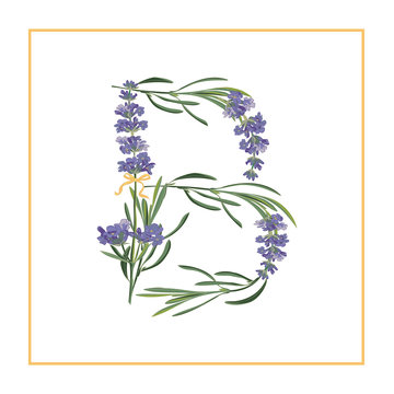 Letter B monogram. Retro sign alphabet with lavender flower initial