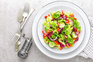 Salad of fresh cucumber, celery, sweet pepper, frize lettuce, red onion and sesame seeds with olive oil. Healthy vegetarian, vegan food. Italian cuisine
