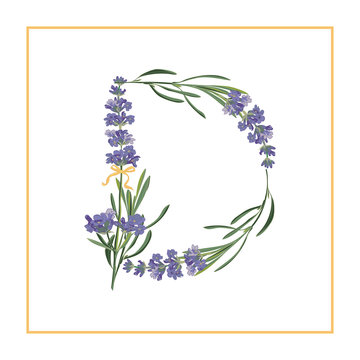 Letter D monogram. Retro sign alphabet with lavender flower initial
