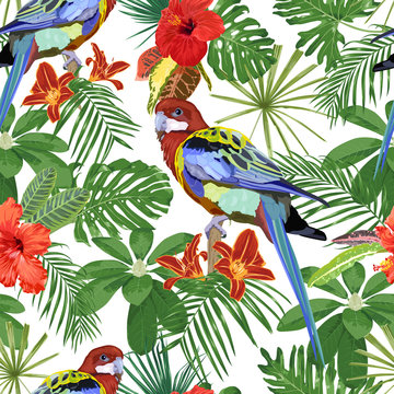 Parrot, red flowers and tropical leaves. Seamless vector pattern.
