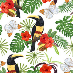 Hibiscus flowers, butterflies, tropical leaves and Toucan birds. Seamless pattern.