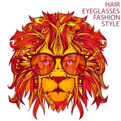 Vector ornament face of lion with fashion eyeglasses. Isolated on white background. Hair, fashion and style.