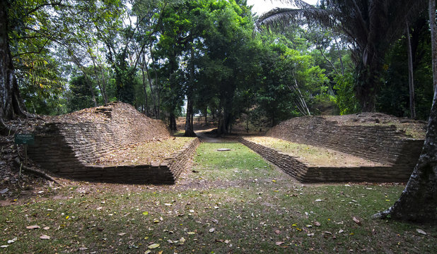 An ancient mayan ball court sits at the ruins of Nim Li Punit in southern Belize.