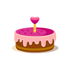 Cute pink cake with one candle in heart shape isolated on white background. Icon in flat style. Vector design concept can be used for greetings cards, invitations, posters, banner