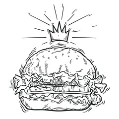 Vector sketch burger with crown. Hand drawing.Line art style. Isolated on white background. Black and white version.