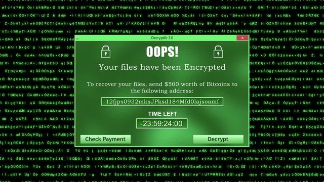 Ransomware Attack Display Screen with Unreadable Code lines Running in the Background and Timer Green