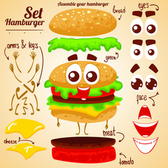 Vector set of hamburger. Assemble your burger. Make a character.