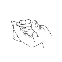 Drawing of hand holding pill, capsule, medicine by two fingers. Hand holding one tablet, line art style vector illustration on white background. Sketch.