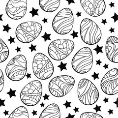 Vector happy Easter repeat pattern with many eggs and stars. Black and white version. Isolated on white background. Can be used for some print or background.