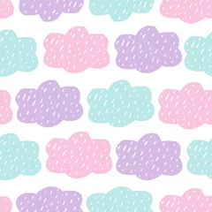Fotobehang Cute seamless colorful pattern of hand drawn pastel colors clouds on white background. Scandinavian design style, vector illustration © mejorana777
