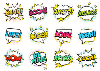 Retro colorful comic speech bubbles set with halftone shadows on white background. Expression text HELLO, YEAH, LOVE, LIKE, WOW, OUCH, DAMN, BOOM, XOXO, WHAT etc. Vector illustration, pop art style.