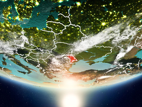 Moldova with sun on planet Earth