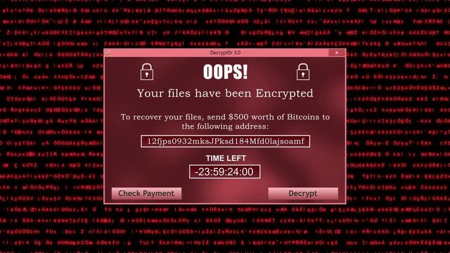 Ransomware Attack Display Screen with Unreadable Code lines Running in the Background and Timer Red