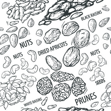 Pattern with dried fruits and nuts in monochrome color, vector illustration isolated on white background