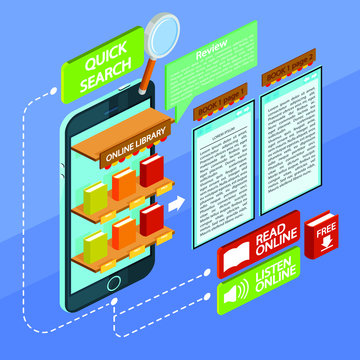 Infographic for online library. Isometric vector illustration a stack of books and textbooks. Books with colored covers for education. Application for reading books.