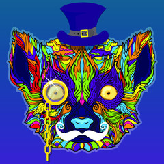 Ornament face of lemur gentleman with hat, mustache and gold monocle. Isolated on blue gradient background. Line art style. © KoDIArt