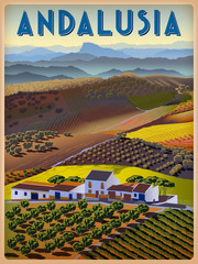 Summer day in Andalusia, Spain. Handmade drawing vector illustration. Poster in the Art Deco style - obrazy, fototapety, plakaty