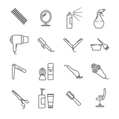 Set of hairdressing tools and barber shop Related Vector Line Icons. Includes such Icons as comb, Hairdryer, scissors, curling iron, razor, mirror, Barber chair, beauty salon, razor, babershop, barber