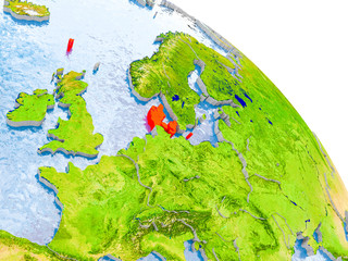 Denmark in red model of Earth