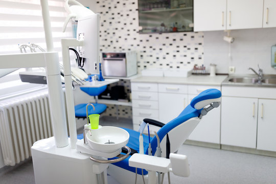 Dental ordination with blue dental chair