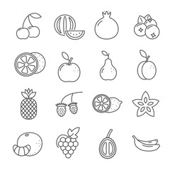 Set of fruit Related Vector Line Icons. Includes such icons as cherry, watermelon, pear, berries, lemon, Apple, plum, pineapple, strawberry, grape, orange, banana