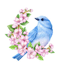 Cute little blue bird in bloom. Watercolor illustration. Cute animals and birds. Spring symbol. Happy Easter. Blue luck bird