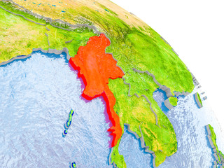 Myanmar in red model of Earth