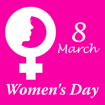 Icono plano 8 March y simbolo femenino con cara mujer y Women s Day y fondo rosa