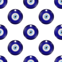 Glass Evil Eye Symbol Seamless Pattern on White Background. Turkish Traditional Amulet. Blue Magic Souvenir