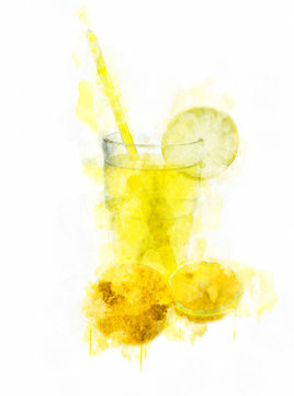 Watercolor Illustration Lemon Juice Glass